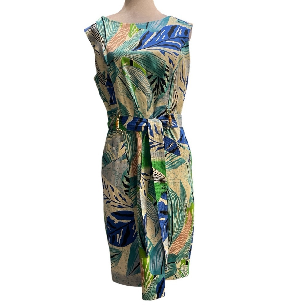 Ellen Tracy Tropical Leaf Print Belted Sheath Dress Blue Green Size 8
